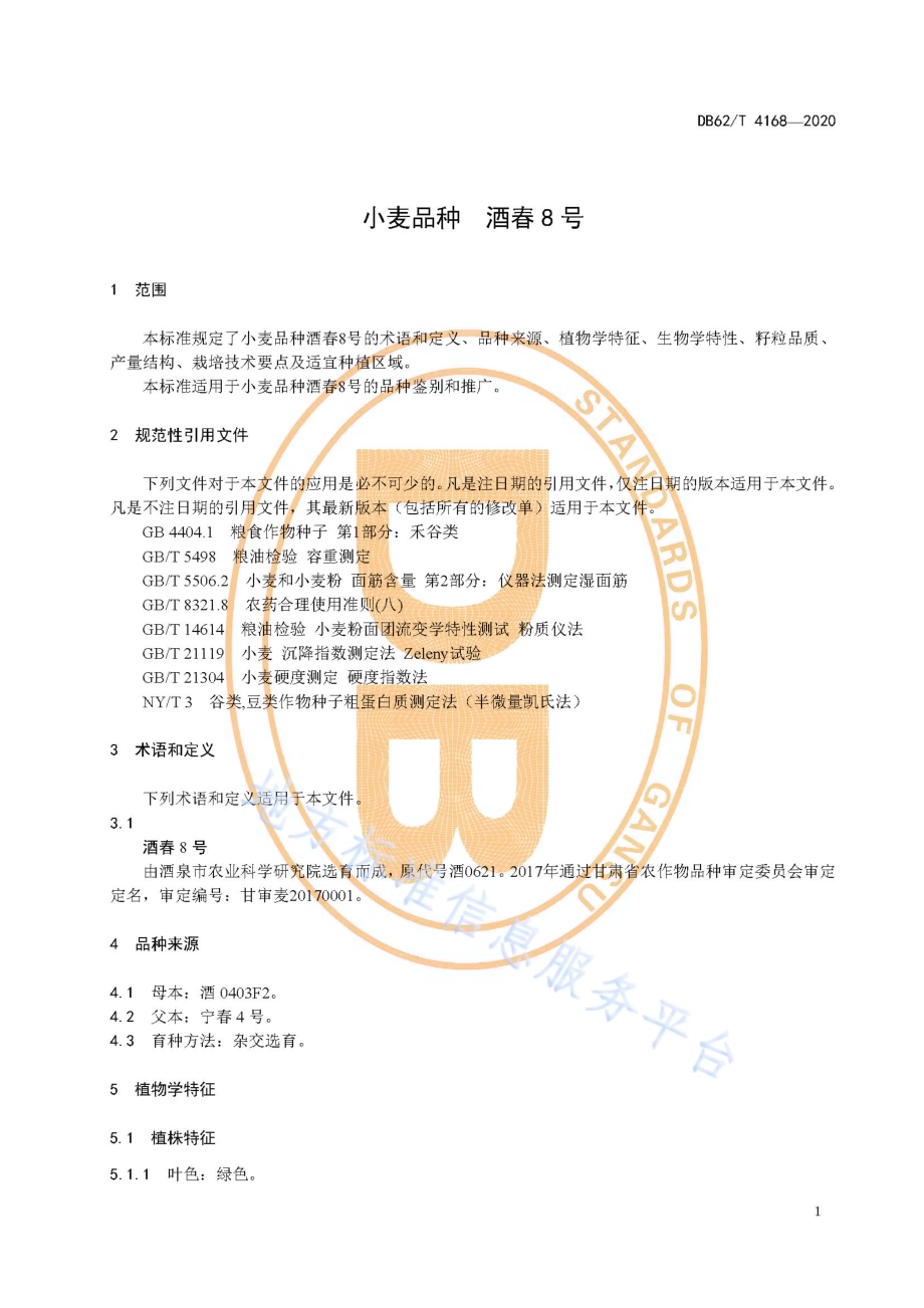 小麦品种 酒春8 号DB62／T 4168-2020.pdf_第5页