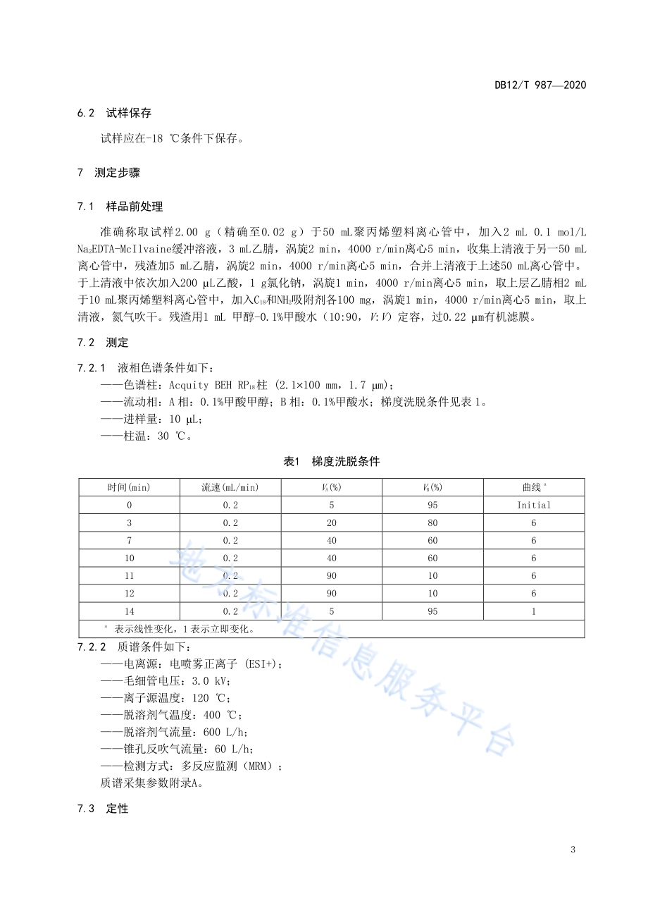 鲜、冻畜禽肉中磺胺类、喹诺酮类和四环素类兽药残留量的测定 液相色谱-串联质谱法DB12／T 987—2020.pdf_第5页