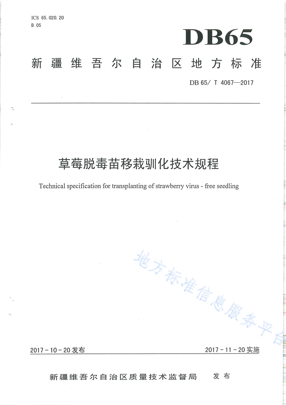 草莓脱毒苗移栽驯化技术规程DB65／T 4067-2017.pdf_第1页
