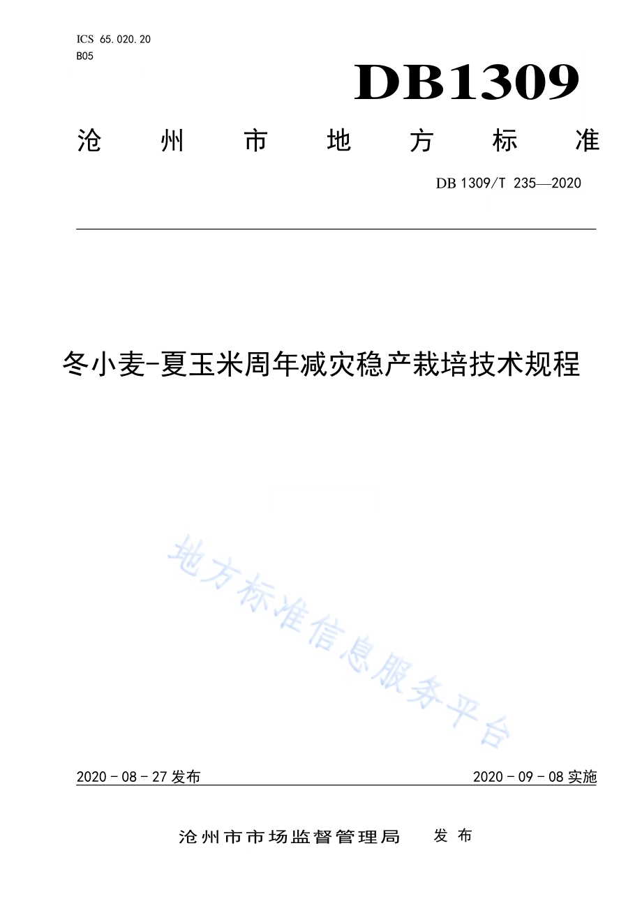 冬小麦-夏玉米周年减灾稳产栽培技术规程DB1309／T 235-2020.pdf_第1页