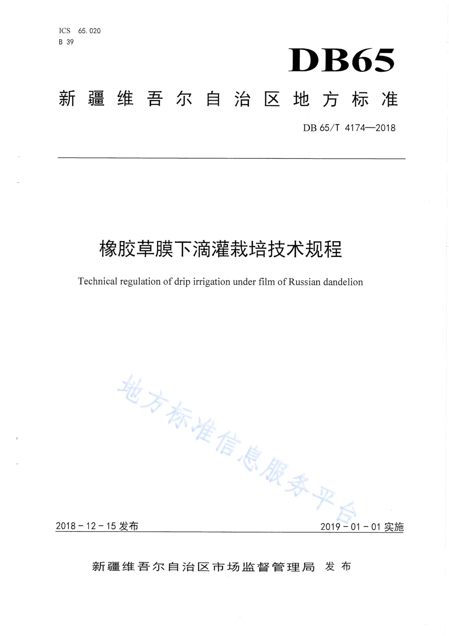 橡胶草膜下滴灌栽培技术规程DB65／T 4174-2018.pdf_第1页