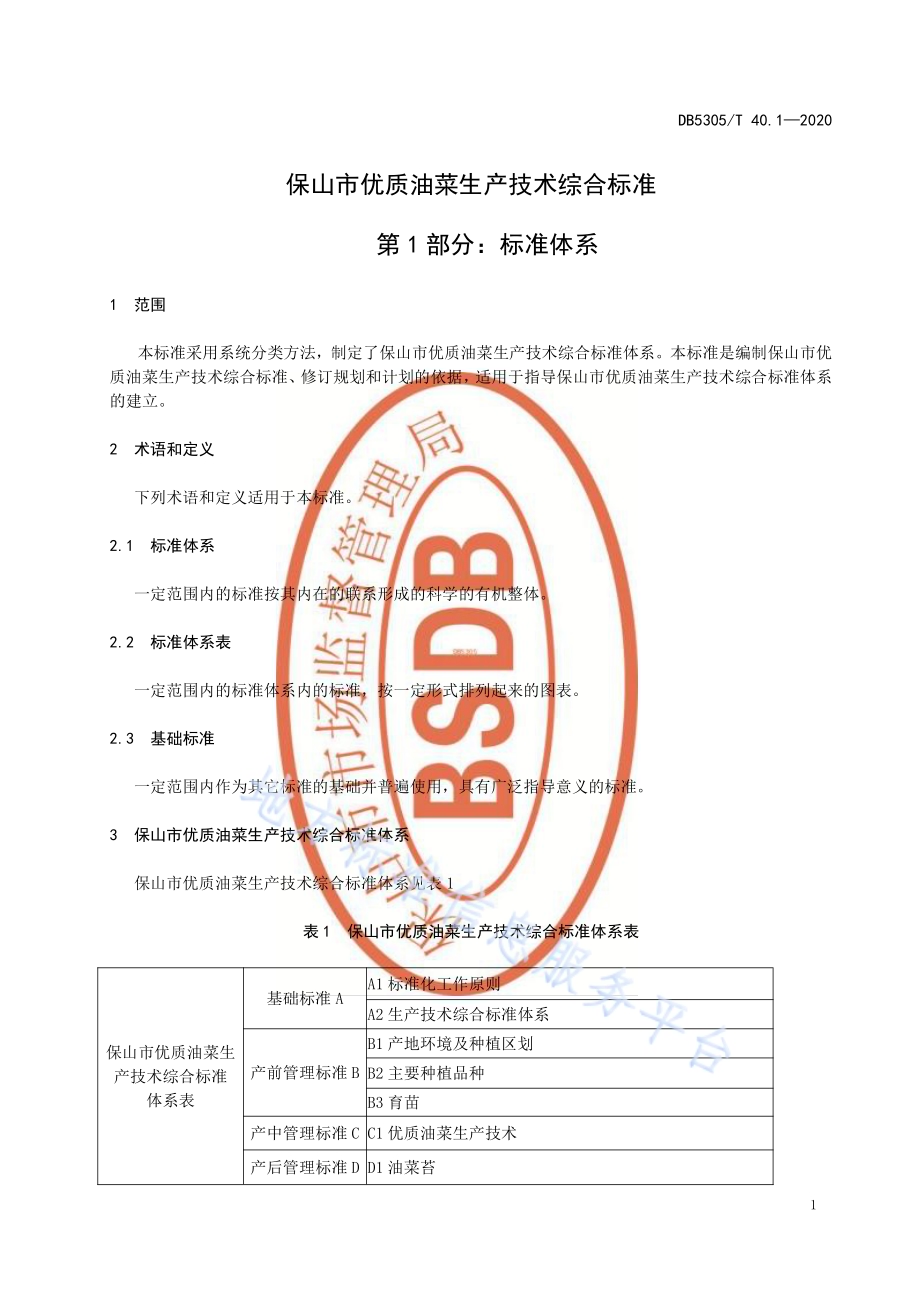 保山市优质油菜生产技术综合标准第1部分：标准体系DB5305／T 40.1-2020.pdf_第3页