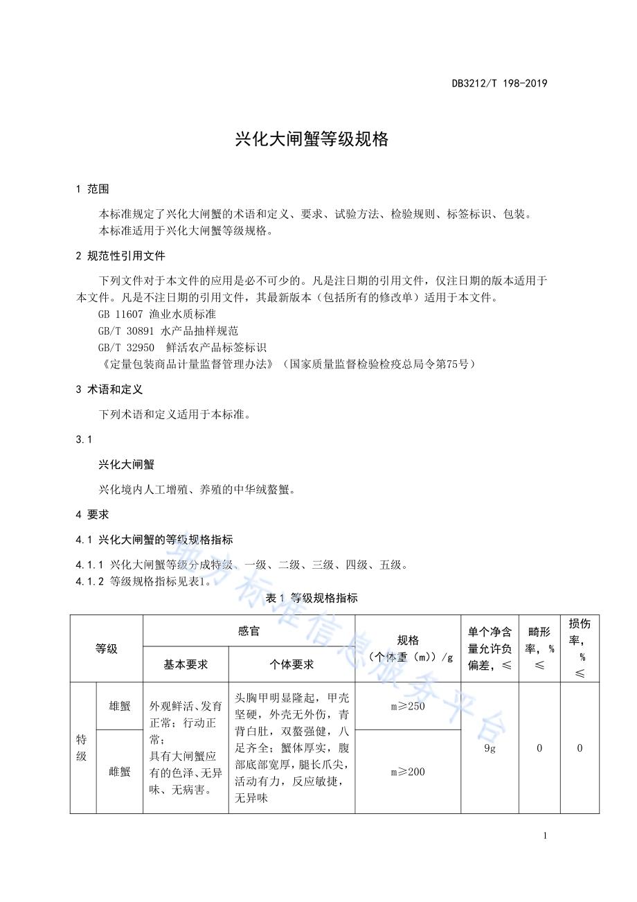 兴化大闸蟹等级规格DB3212／T 198-2019.pdf_第3页