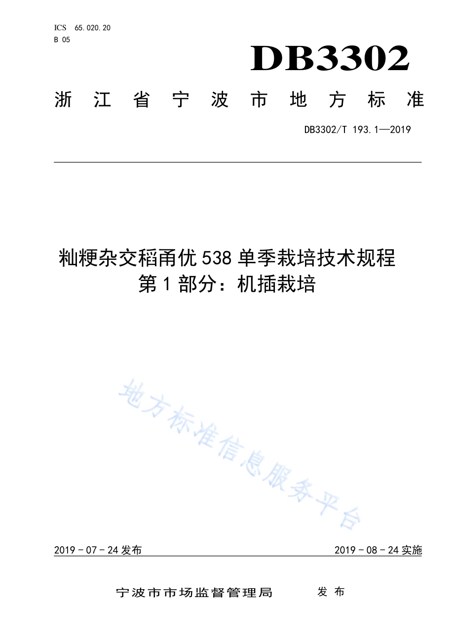 籼粳杂交稻甬优538单季栽培技术规程 第1部分：机插栽培DB3302／T 193.1—2019.pdf_第1页