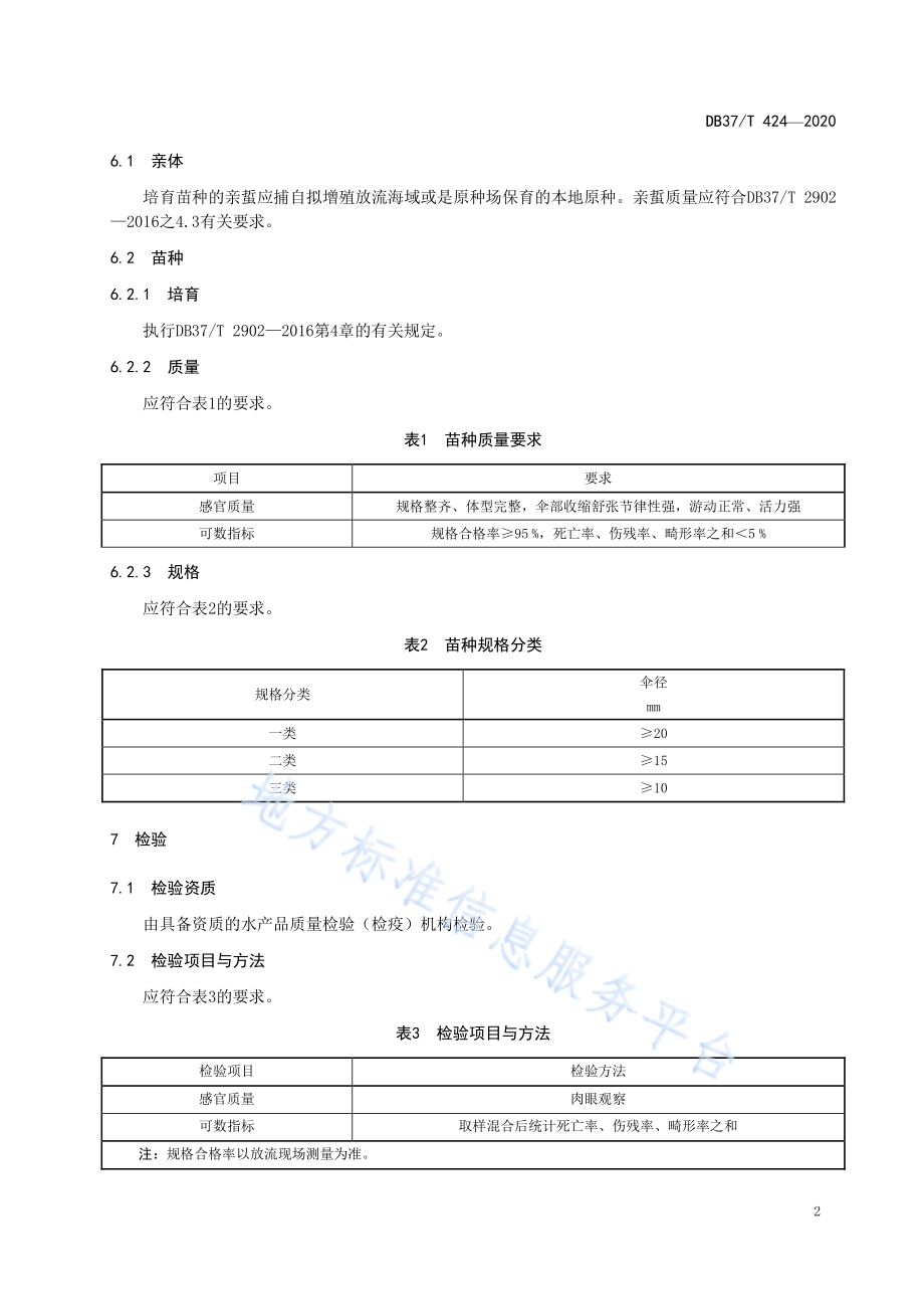 水生生物增殖放流技术规范　海蜇DB37／T 424—2020.pdf_第4页