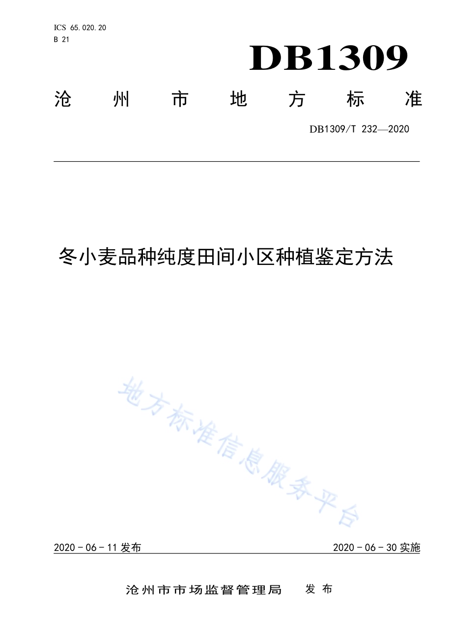 冬小麦品种纯度田间小区种植鉴定方法DB1309／T 232-2020.pdf_第1页
