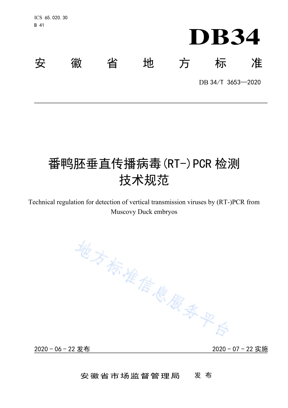 番鸭胚垂直传播病毒(RT-)PCR检测技术规范DB34／T 3653-2020.pdf_第1页