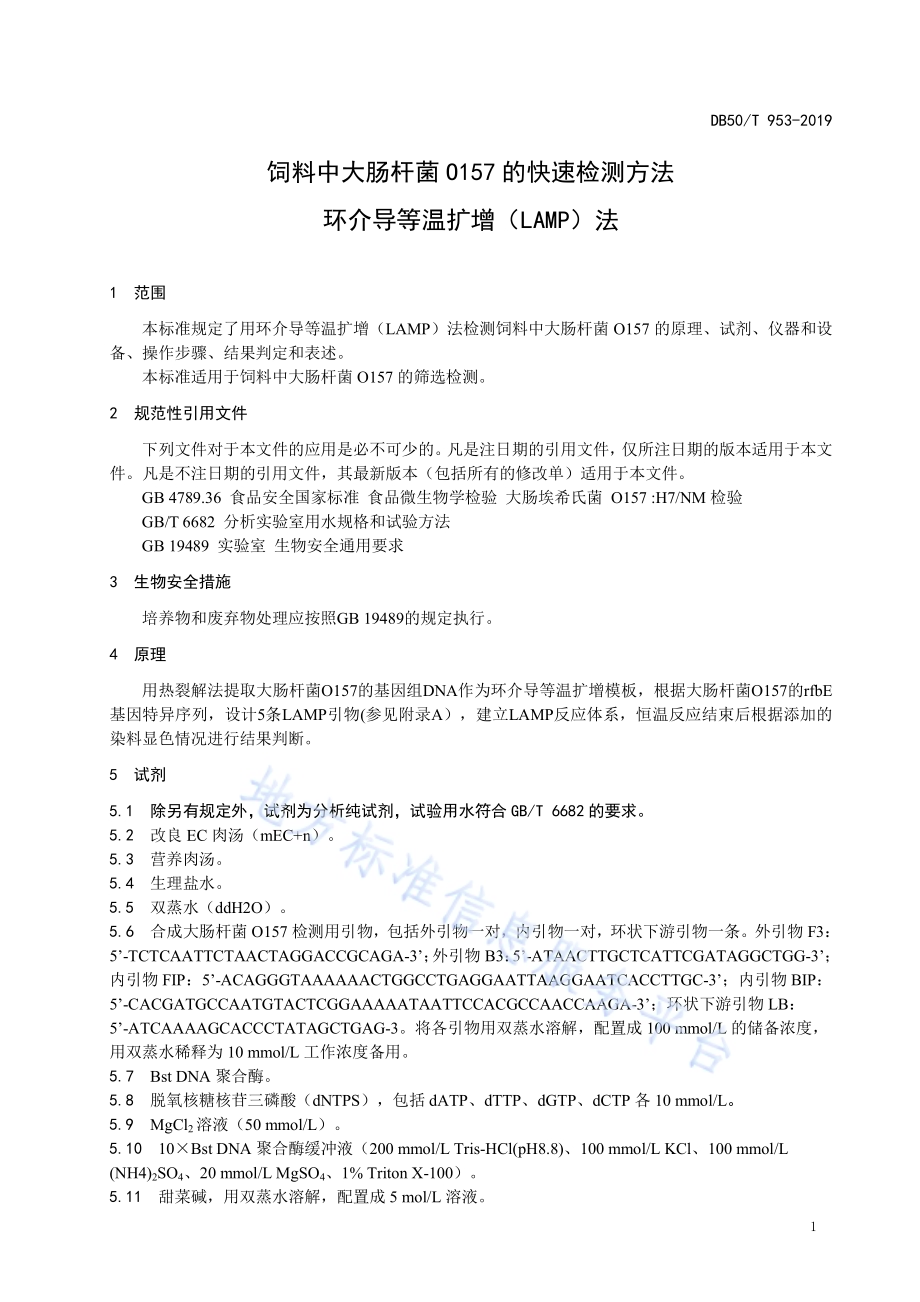 饲料中大肠杆菌0157的快速检测 环介导等温扩增（LAMP）法DB50／T 953-2019.pdf_第5页