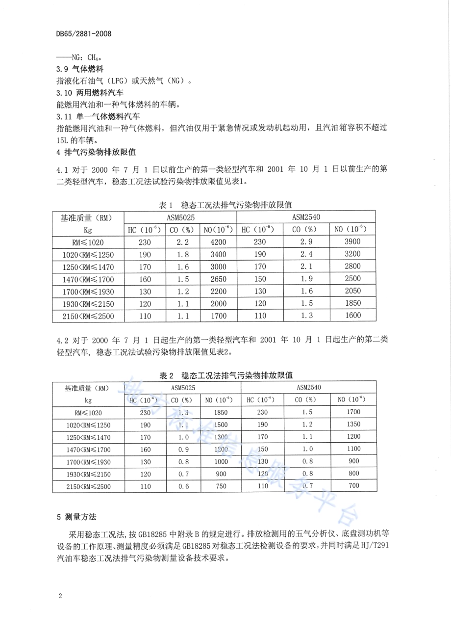 在用点燃式发动机轻型汽车稳态工况法排气污染物排放限值DB65 2881-2008.pdf_第5页