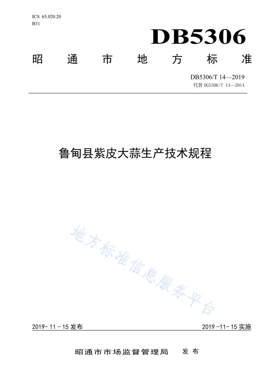 鲁甸县紫皮大蒜生产技术规程DB5306／T 14—2019.pdf_第1页