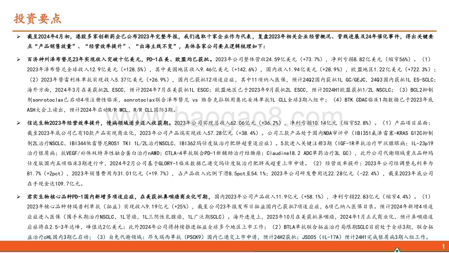 20240418_平安证券_医药行业2023年创新药企年报核心看点：产品销售放量；经营效率提升；出海主线不变_34页.pdf_第2页