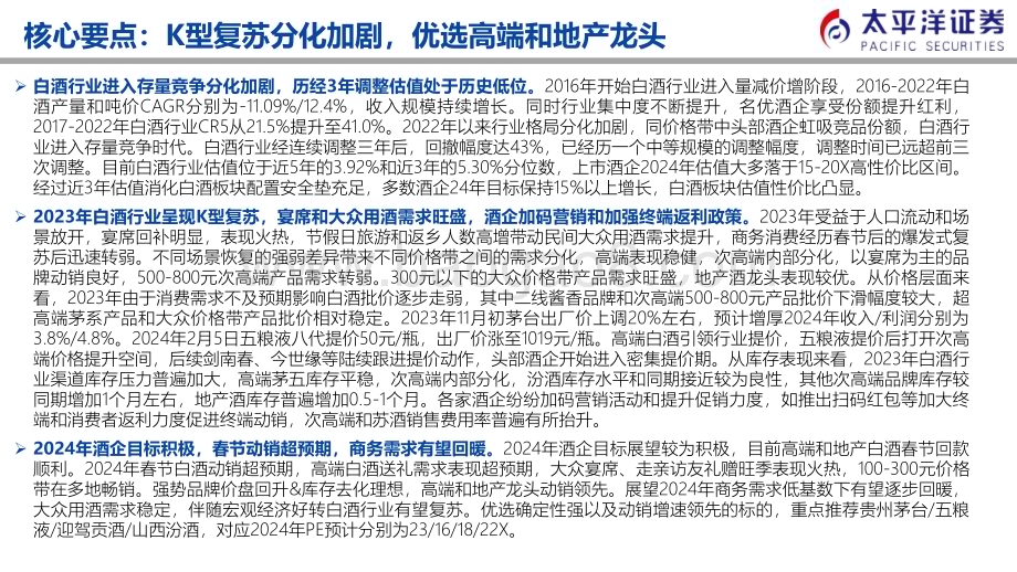 20240301_太平洋证券_白酒行业策略报告：K型复苏分化加剧优选高端和地产酒龙头_23页.pdf_第2页