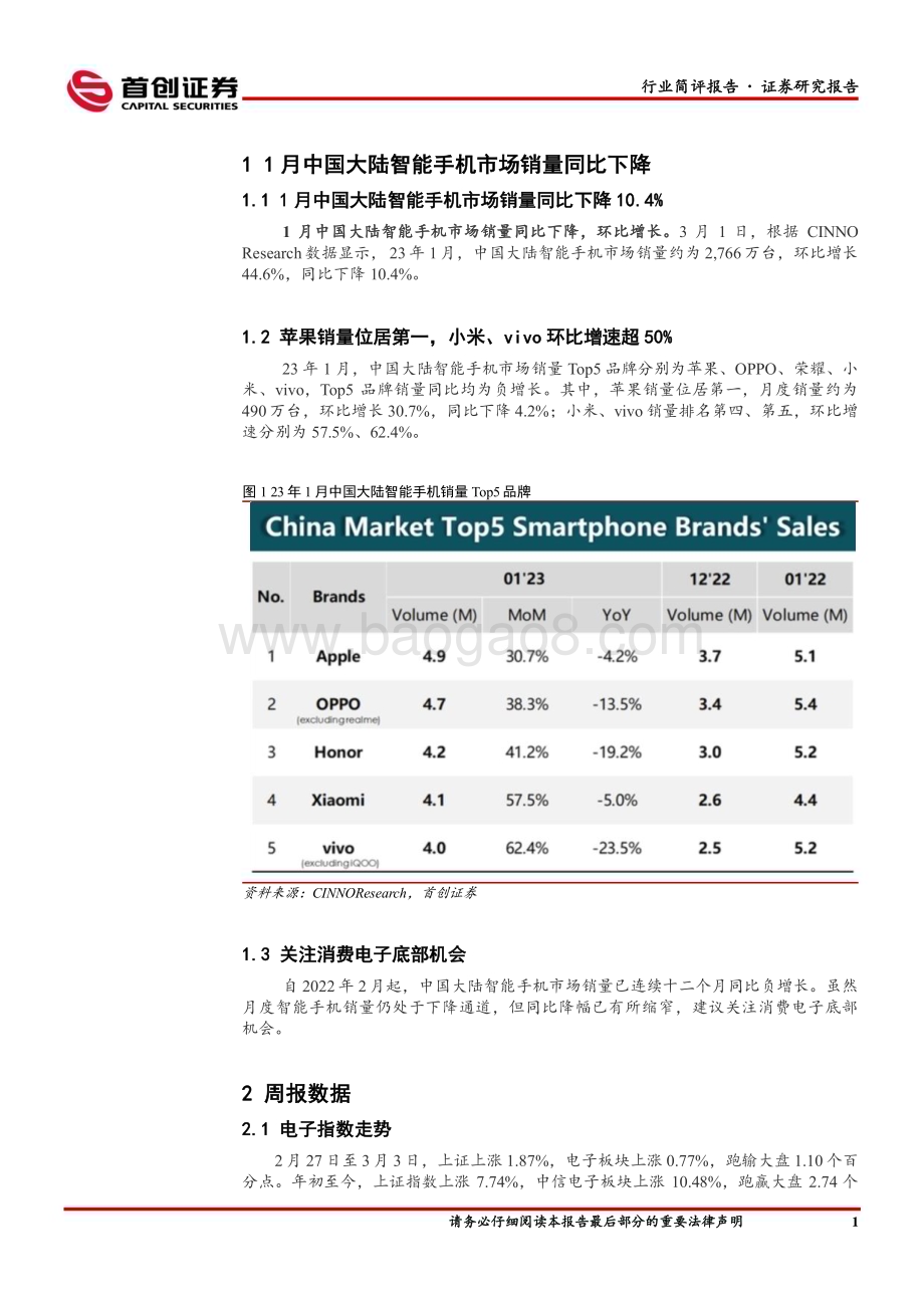 20230310_首创证券_电子行业证券研究报告：1月智能手机市场同比下降关注消费电子底部机会_12页.pdf_第2页