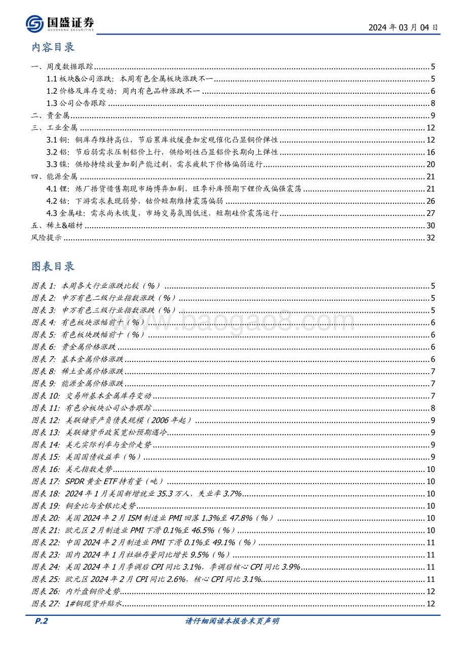 20240304_国盛证券_有色金属行业：通胀与就业数据双降金价反弹补库预期下锂价或偏强震荡_33页.pdf_第2页