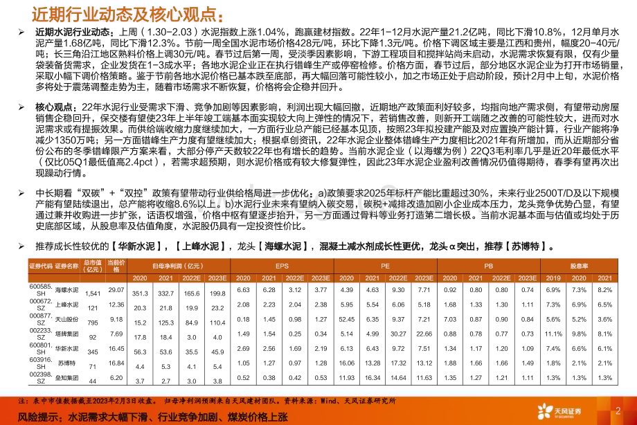 20230206_天风证券_建材行业证券研究报告：水泥需求尚未启动华东熟料价格上涨_24页.pdf_第2页