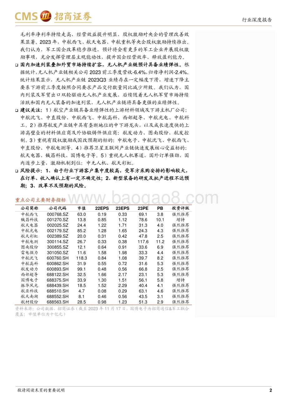 20231119_招商证券_军工行业研究报告：子行业业绩分化明显看好航空装备行情修复_27页.pdf_第2页