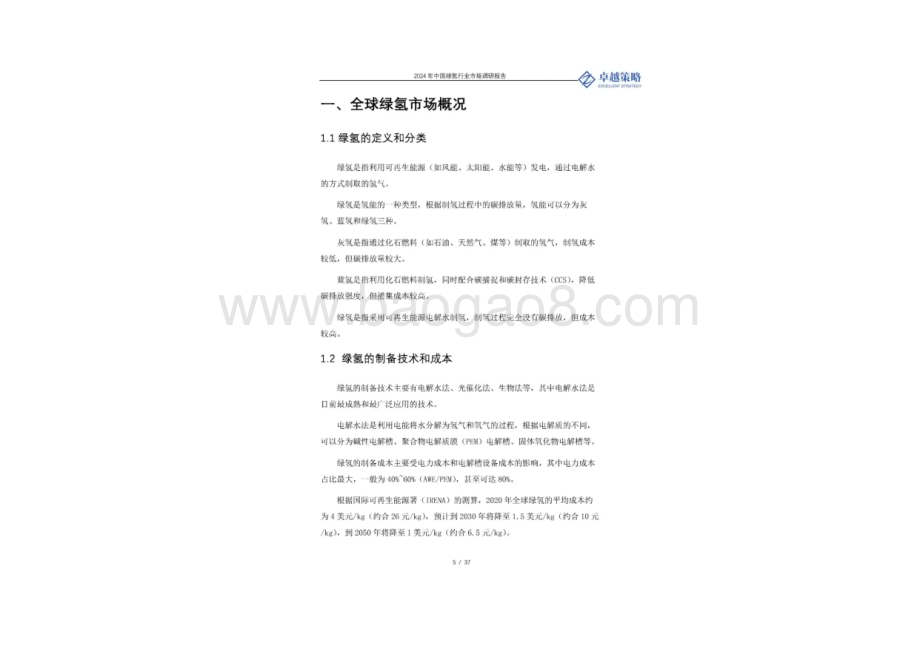 20240423_卓越策略_2024中国绿氢行业市场调研报告_37页.pdf_第5页