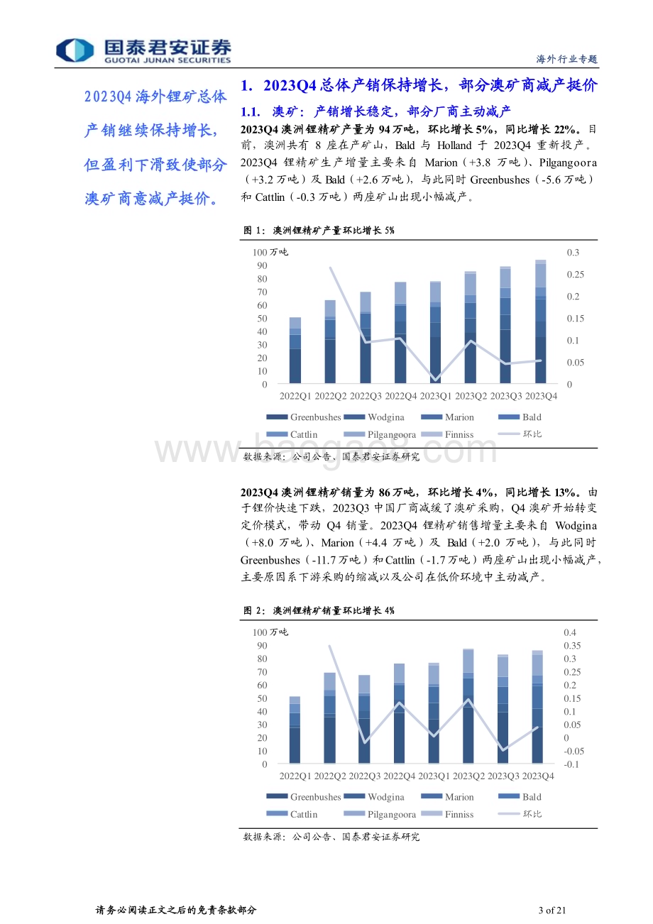 20240320_国泰君安_有色金属行业2023Q4海外锂矿经营情况更新：业绩量增价减海外供给扰动初现_21页.pdf_第3页