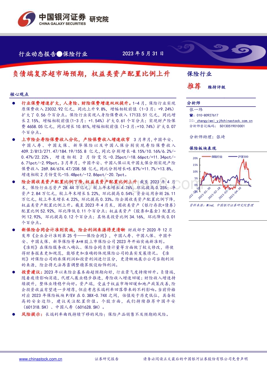 20230531_银河证券_保险行业证券研究报告：负债端复苏超市场预期权益类资产配置比例上升_19页.pdf_第1页