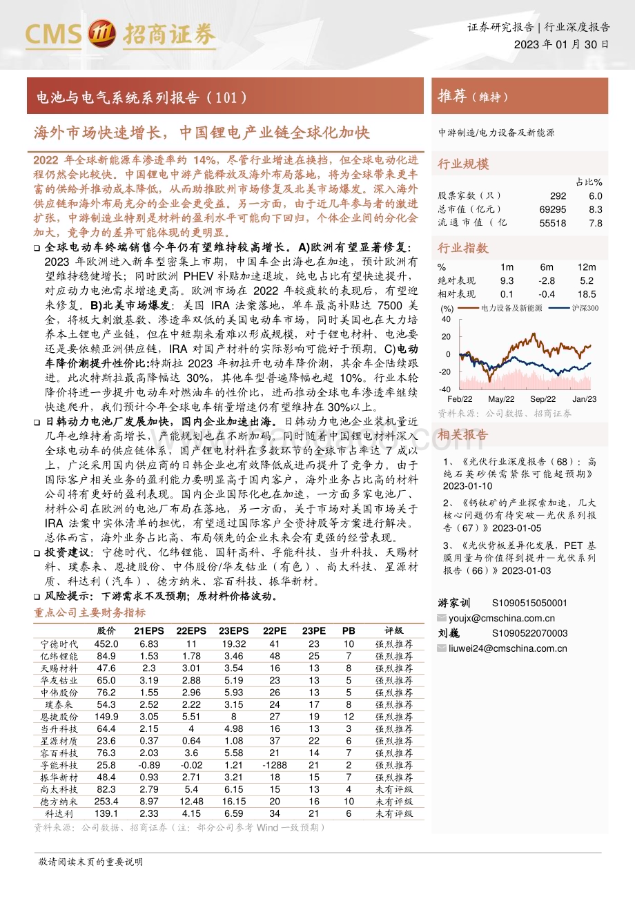 20230130_招商证券_电力设备及新能源行业证券研究报告：电池与电气系统系列海外市场快速增长中国锂电产业链全球化加快_25页.pdf_第1页