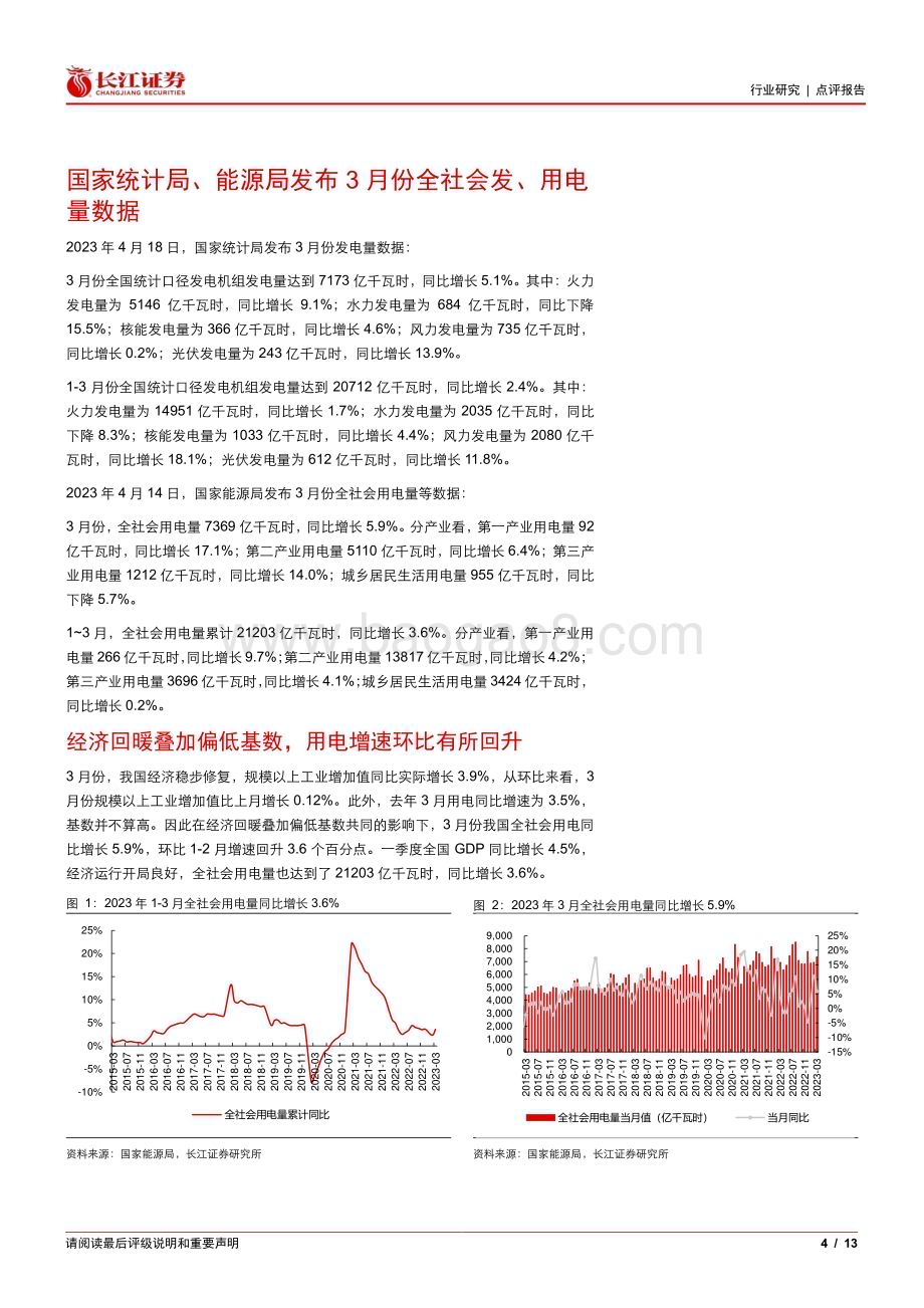 20230420_长江证券_公用事业行业证券研究报告：偏低基数叠加需求回暖火电及用电增速明显回升_14页.pdf_第4页