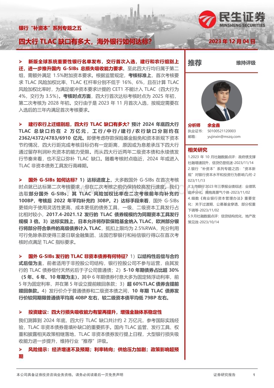 20231204_民生证券_银行业银行“补资本”系列专题之五：四大行TLAC缺口有多大海外银行如何达标？_22页.pdf_第1页