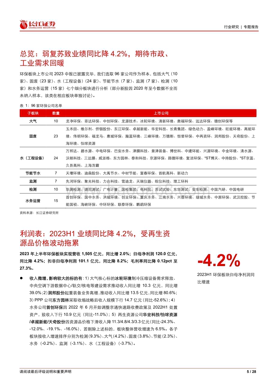 20230911_长江证券_环保行业研究报告：2023H1弱复苏致业绩同比降4.2%期待市政、工业需求回暖_28页.pdf_第5页