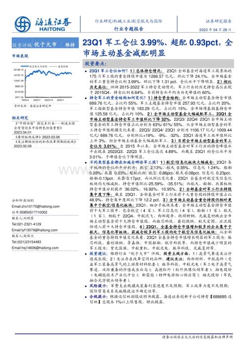 20230428_海通证券_航空航天与国防行业专题报告：23Q1军工仓位3.99%、超配0.93pct全市场主动基金减配明显_20页.pdf