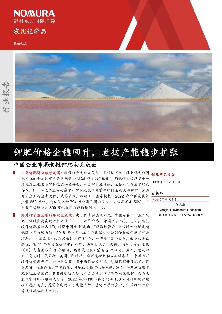 20231012_野村东方国际证券_基础化工行业证券研究报告：钾肥价格企稳回升老挝产能稳步扩张中国企业布局老挝钾肥初见成效_24页.pdf_第1页