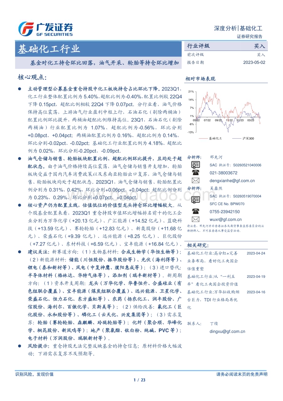 20230502_广发证券_基础化工行业证券研究报告：基金对化工持仓环比回落油气开采、轮胎等持仓环比增加_24页.pdf_第1页