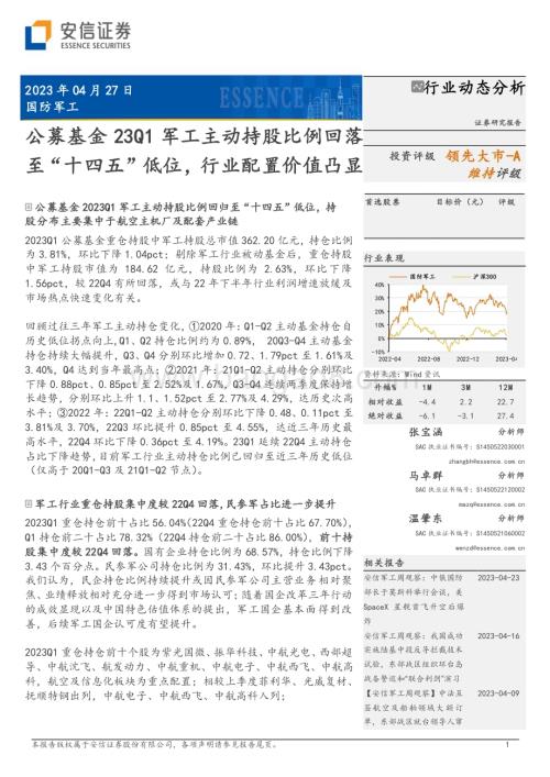 20230427_安信证券_国防军工行业动态分析：公募基金23Q1军工主动持股比例回落至“十四五”低位行业配置价值凸显_16页.pdf