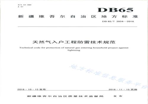 天然气入户工程防雷技术规范DB65／T 3934-2016.pdf