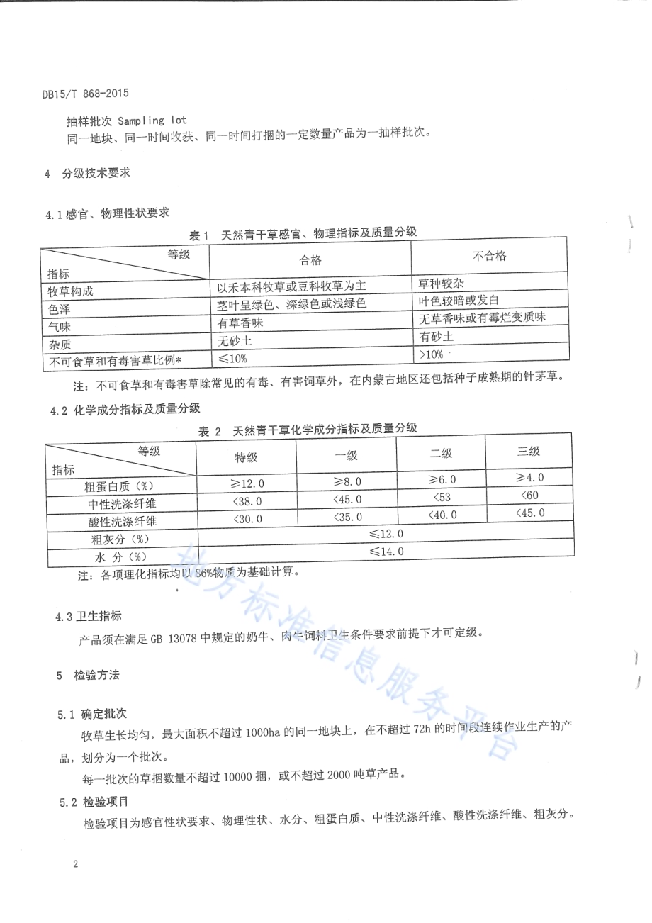 天然青干草质量检验与分级标准DB15／T 868-2015.pdf_第4页