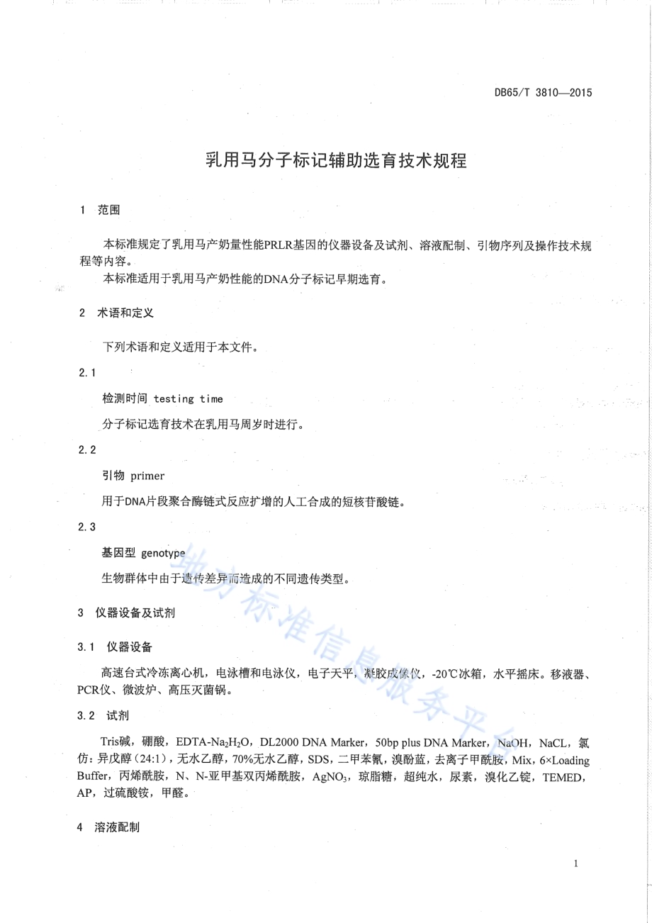 乳用马分子标记辅助选育技术规程DB65／T 3810-2015.pdf_第3页