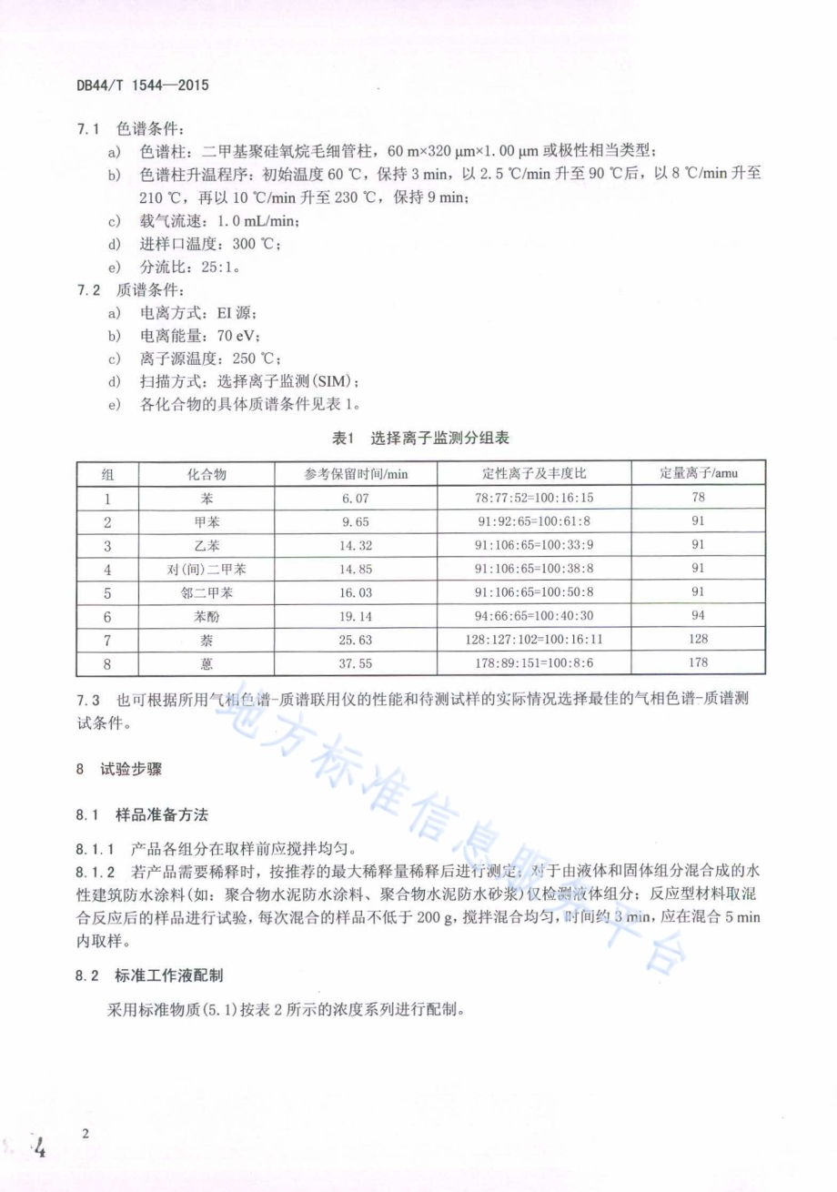 建筑防水涂料中芳香族化合物的测定 气相色谱质谱联用法DB44／T 1544-2015.pdf_第4页