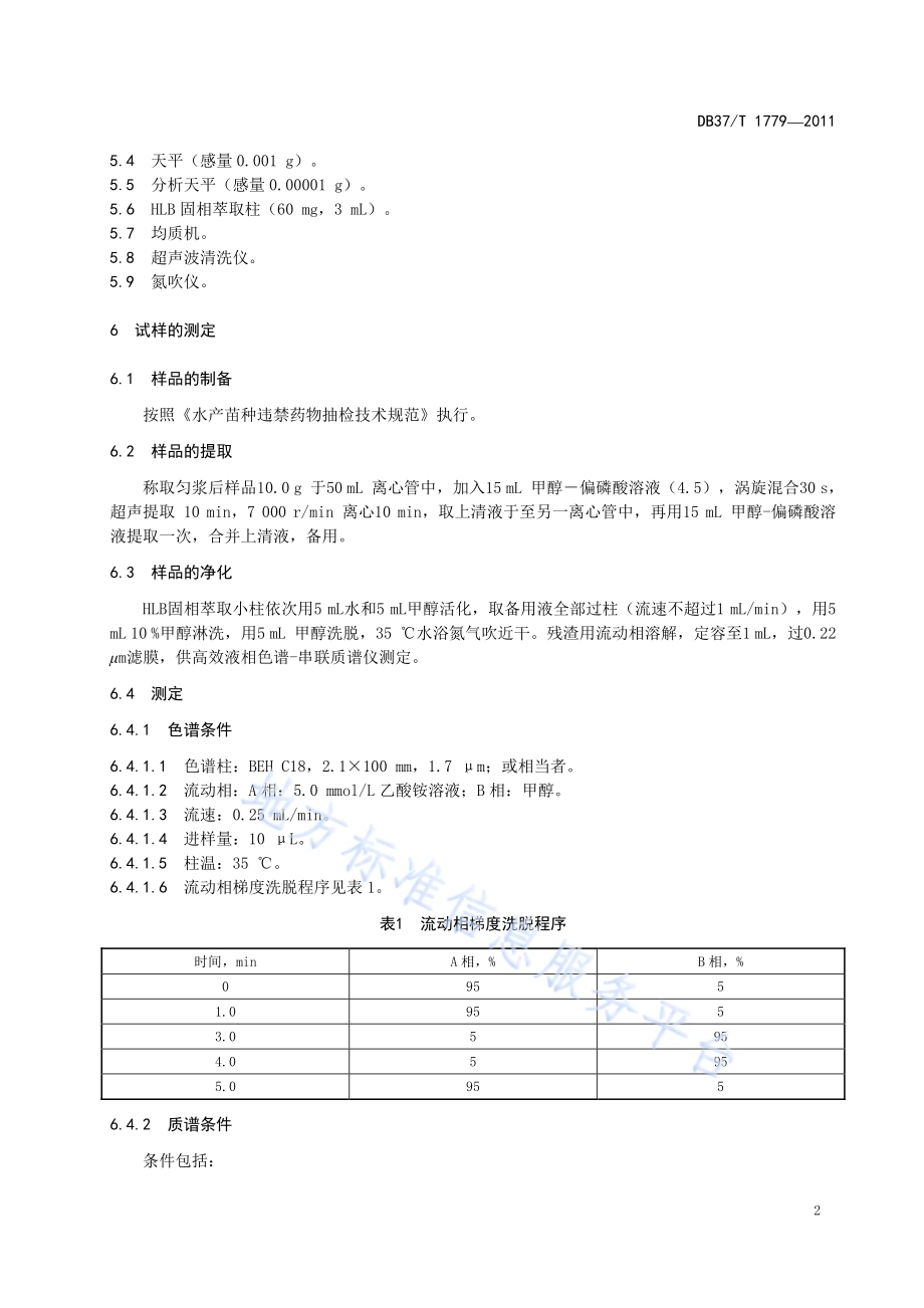 水产苗种中硝基呋喃类原药残留量的测定 液相色谱-串联质谱法DB37／T 1779-2011.pdf_第4页