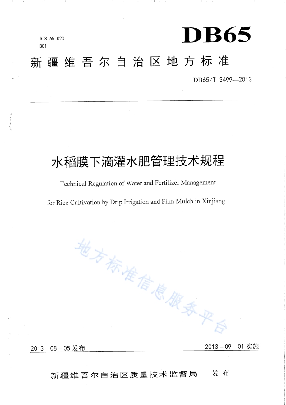 水稻膜下滴灌水肥管理技术规程DB65／T 3499-2013.pdf_第1页