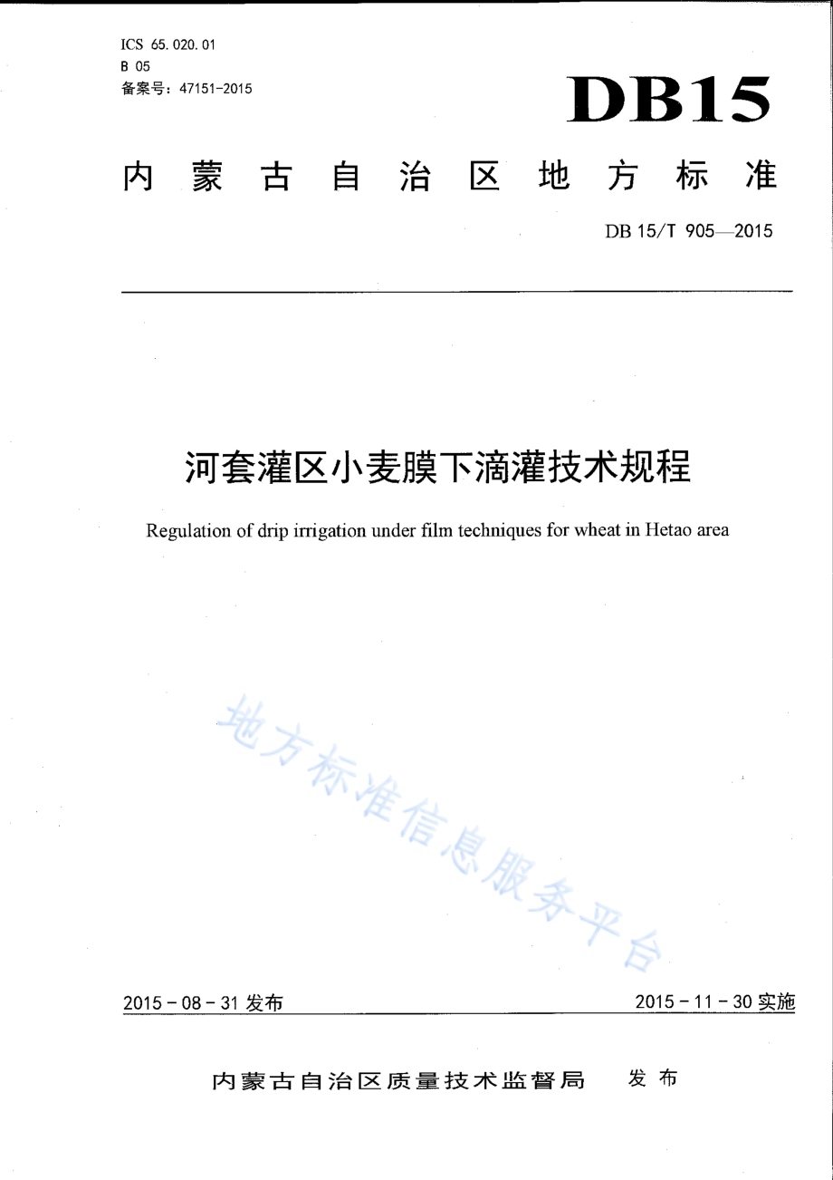河套灌区小麦膜下滴灌技术规程DB15／T 905-2015.pdf_第1页