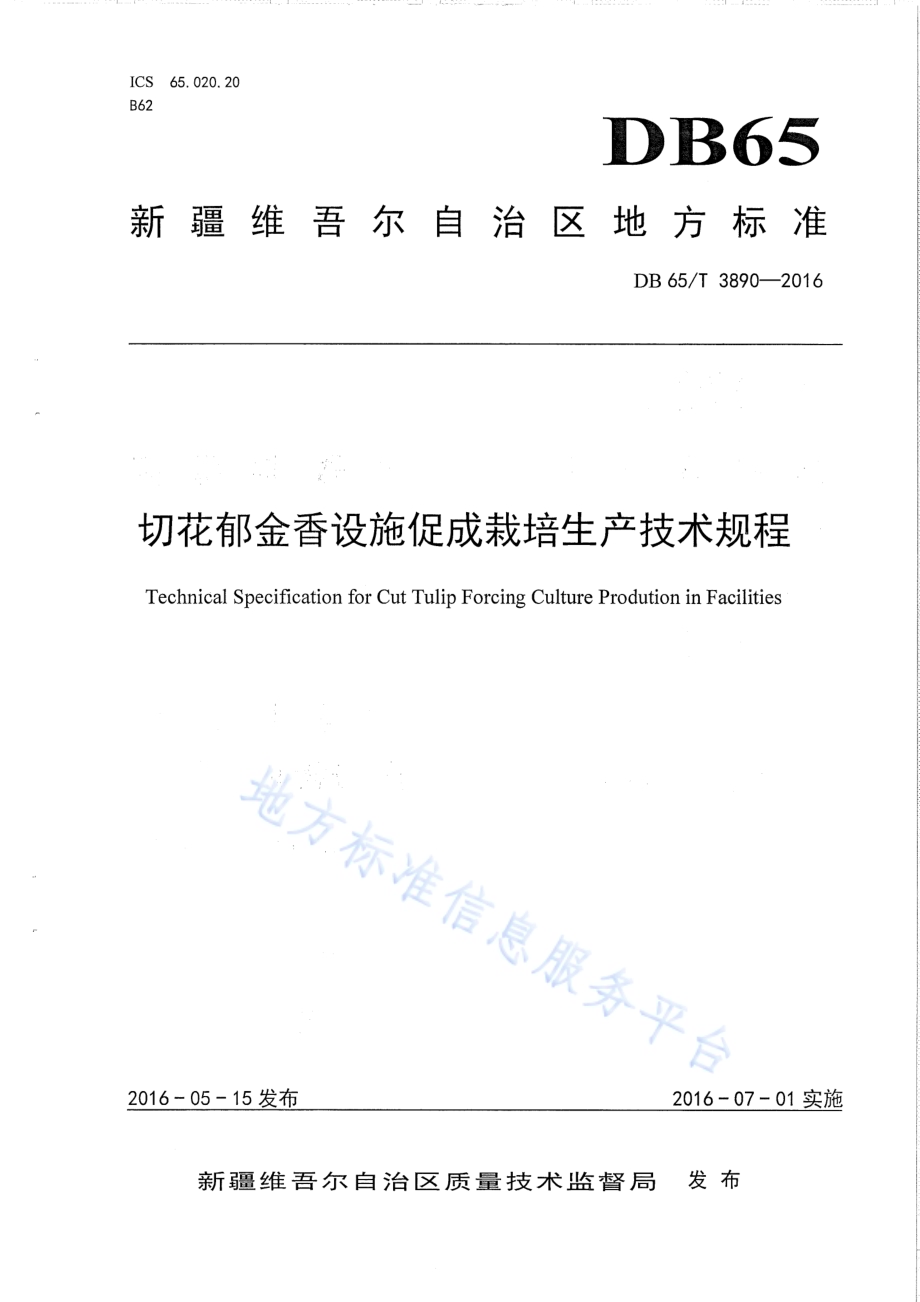切花郁金香设施促成栽培生产技术规程DB65／T 3890-2016.pdf_第1页