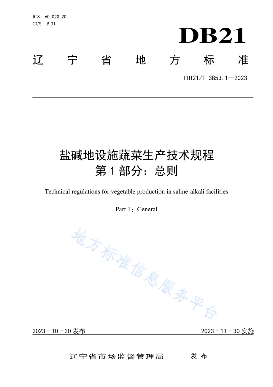 盐碱地设施蔬菜生产技术规程 第1部分：总则DB21／T 3853.1-2023.pdf_第1页
