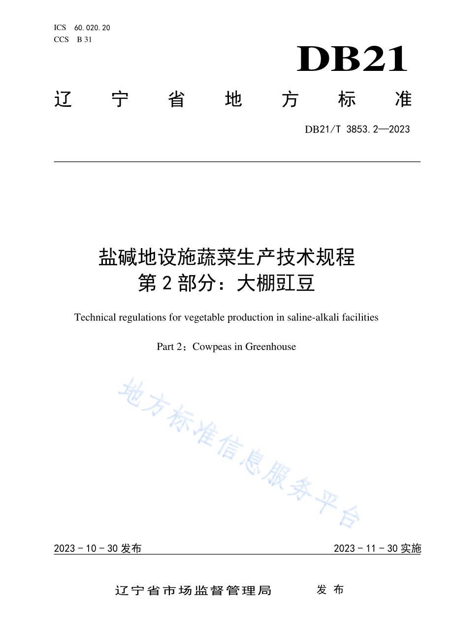 盐碱地设施蔬菜生产技术规程 第2部分：大棚豇豆DB21／T 3853.2-2023.pdf_第1页