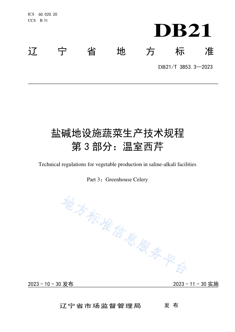 盐碱地设施蔬菜生产技术规程 第3部分：温室西芹DB21／T 3853.3-2023.pdf_第1页