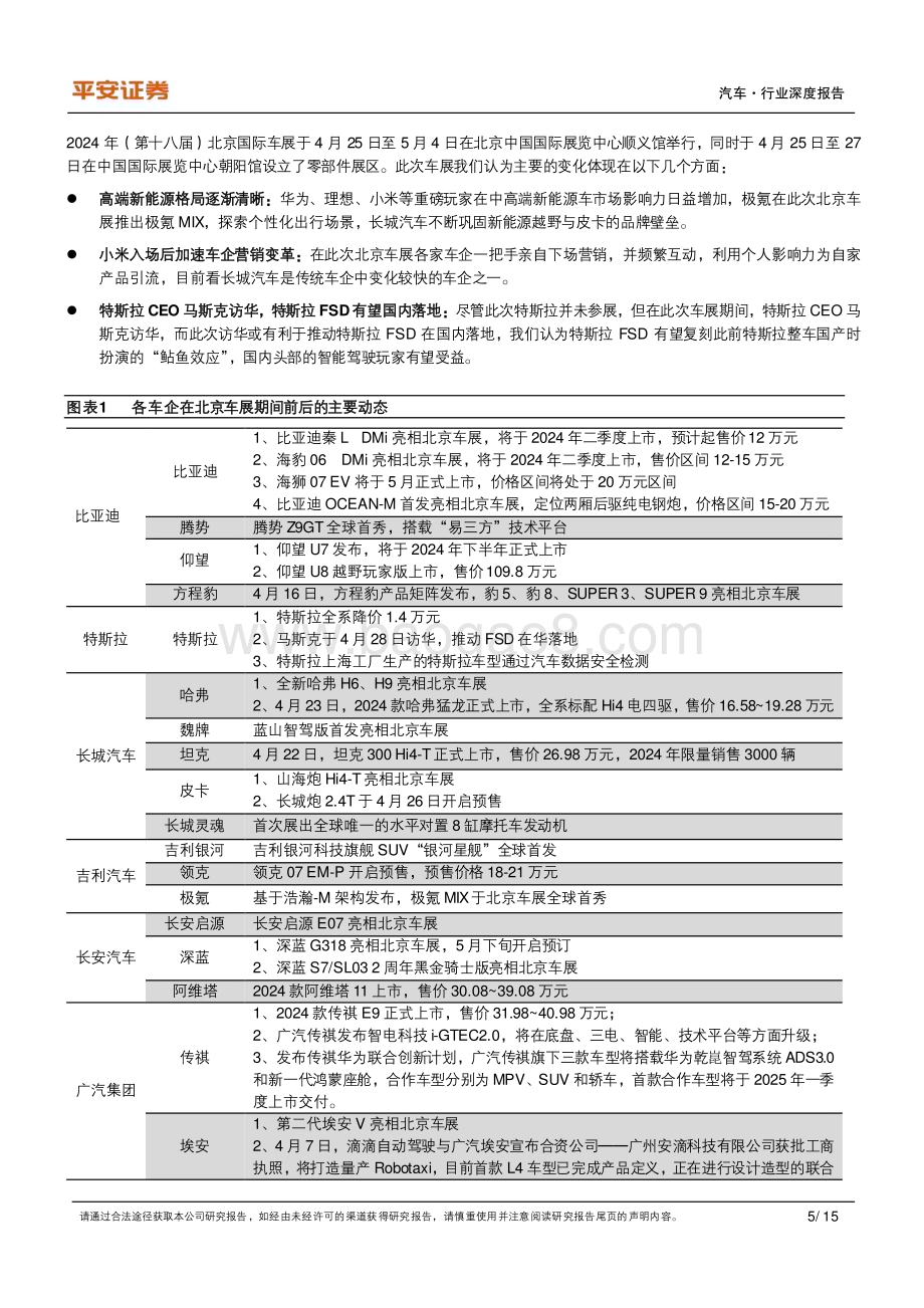 20240507_平安证券_汽车行业2024年北京车展复盘：高端新能源格局渐趋清晰小米入场加速车企营销变革_15页.pdf_第5页