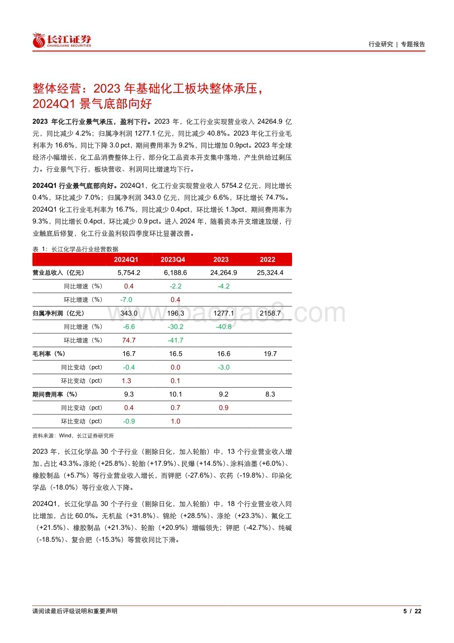 20240514_长江证券_化工行业2023和2024Q1总结：冰解冻释曙光初现_22页.pdf_第5页