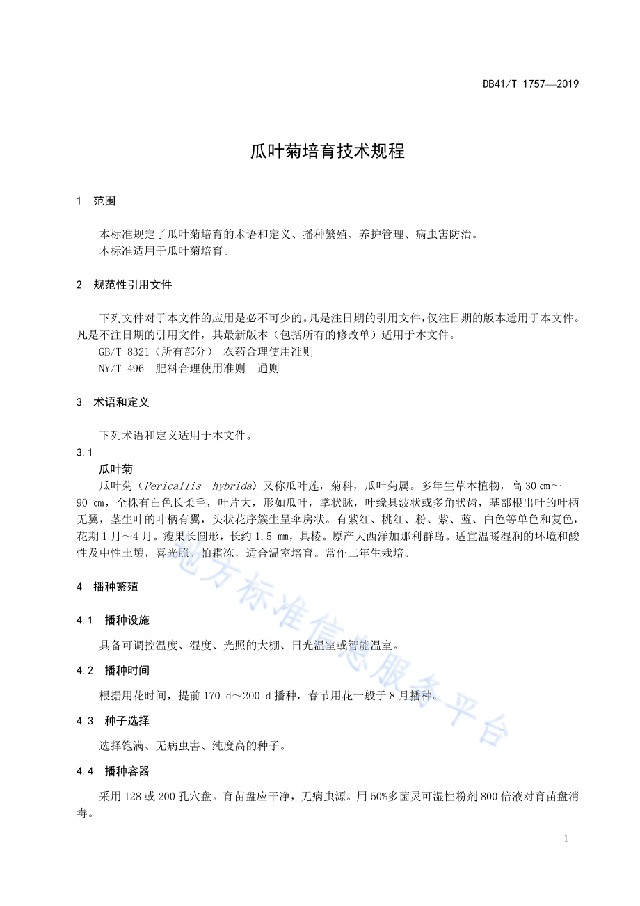 瓜叶菊培育技术规程DB41／T 1757-2019.pdf_第3页