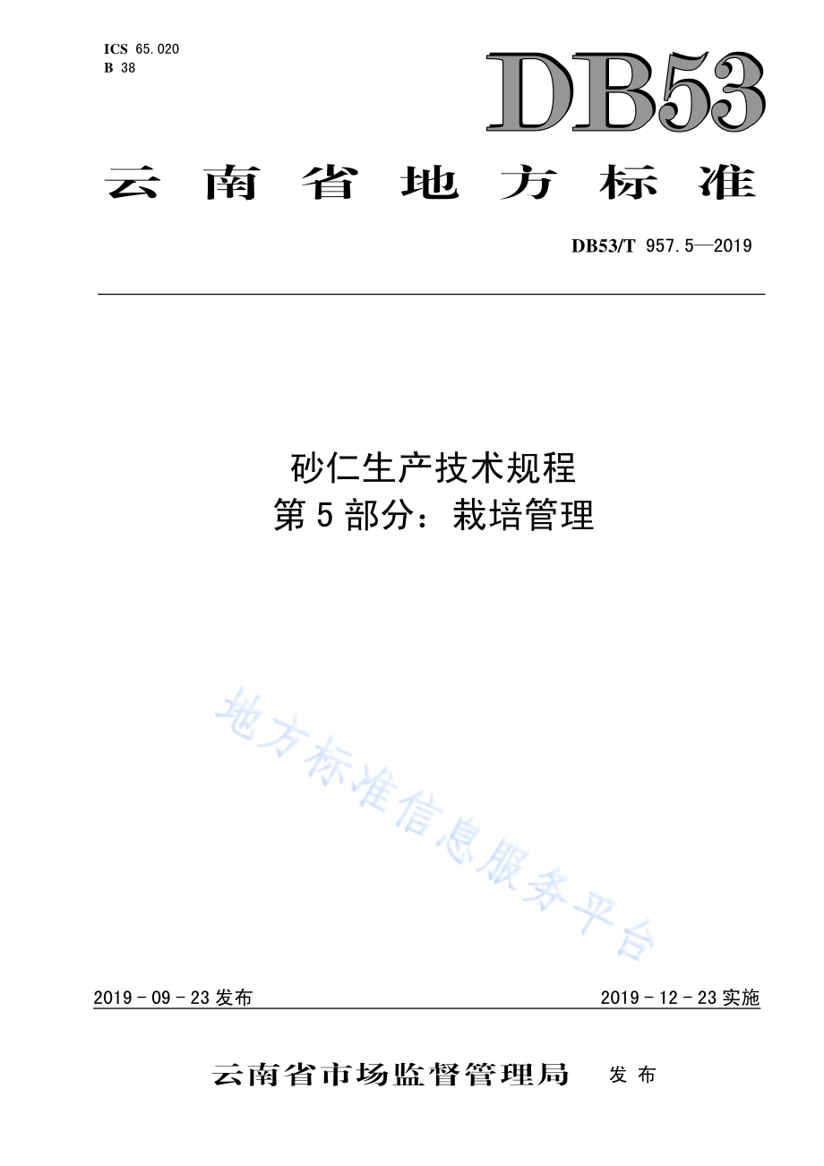 砂仁生产技术规程第5部分：栽培管理DB53／T 957.5-2019.pdf_第1页