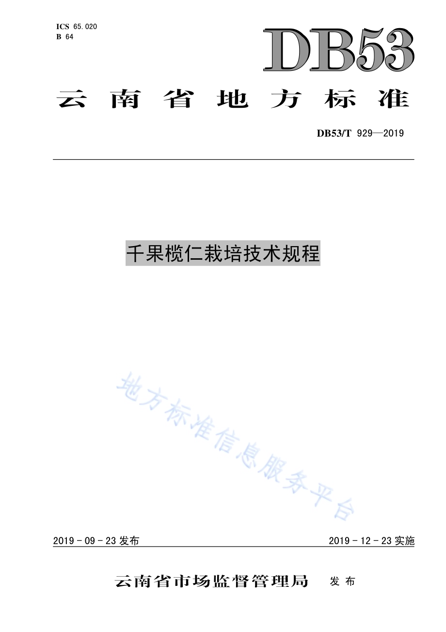 千果榄仁栽培技术规程DB53／T 929-2019.pdf_第1页