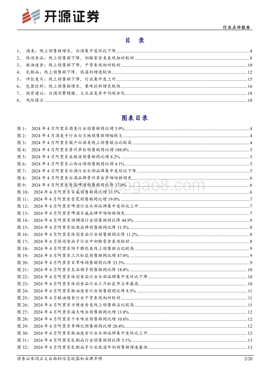 20240515_开源证券_食品饮料行业点评报告：4月电商数据分析白酒消费稳健大众品复苏中仍现分化_20页.pdf_第2页