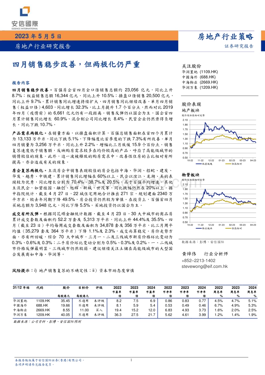 20230505-安信国际证券-房地产行业研究报告_四月销售稳步改善_但两极化仍严重_5页_865kb.pdf_第1页