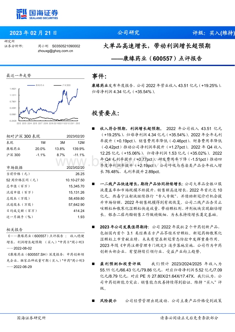 20230221-国海证券-康缘药业-600557.SH-点评报告_大单品高速增长_带动利润增长超预_5页_505kb (1).pdf_第1页